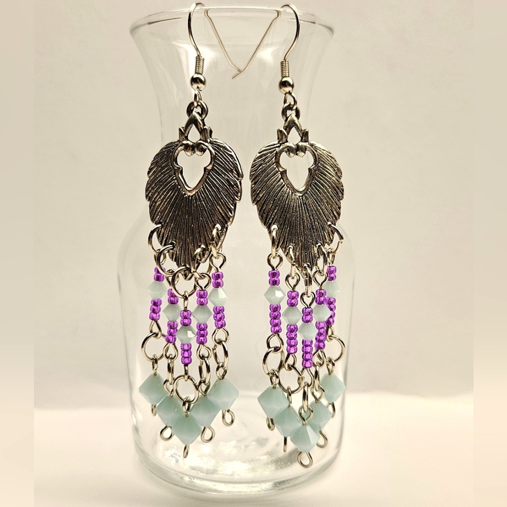 Purple and Green Beaded Chandelier Earrings